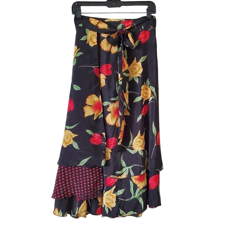 Women's Silk Blend Wrap Maxi Skirt Floral Print Size Medium‎ Hawaiian